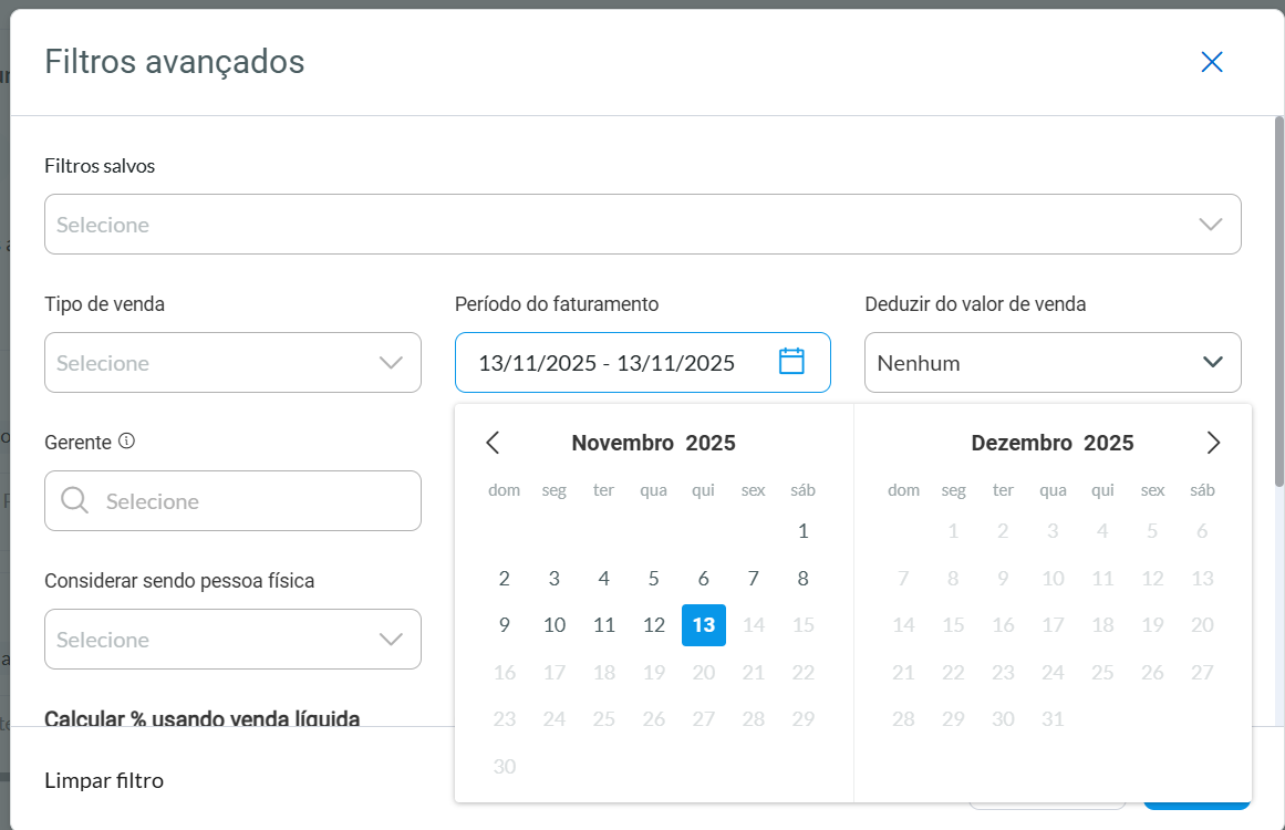 Filtro avançado - Período de faturamento 