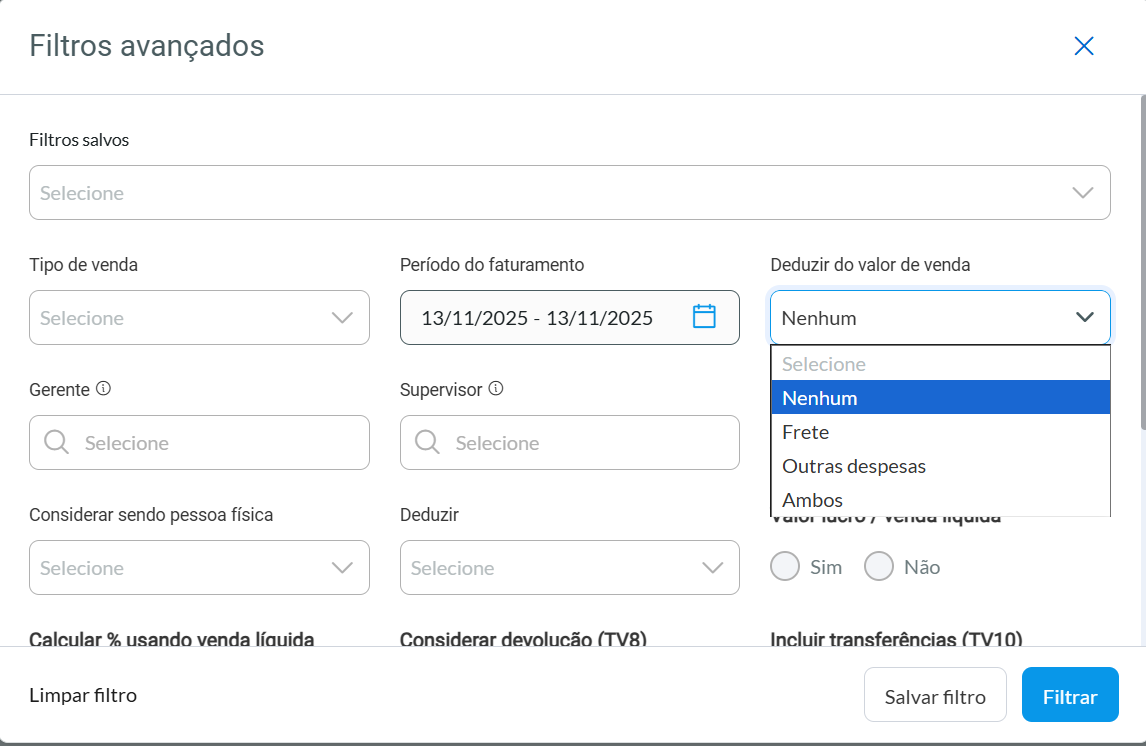 Filtro avançado - Deduzir do valor de venda