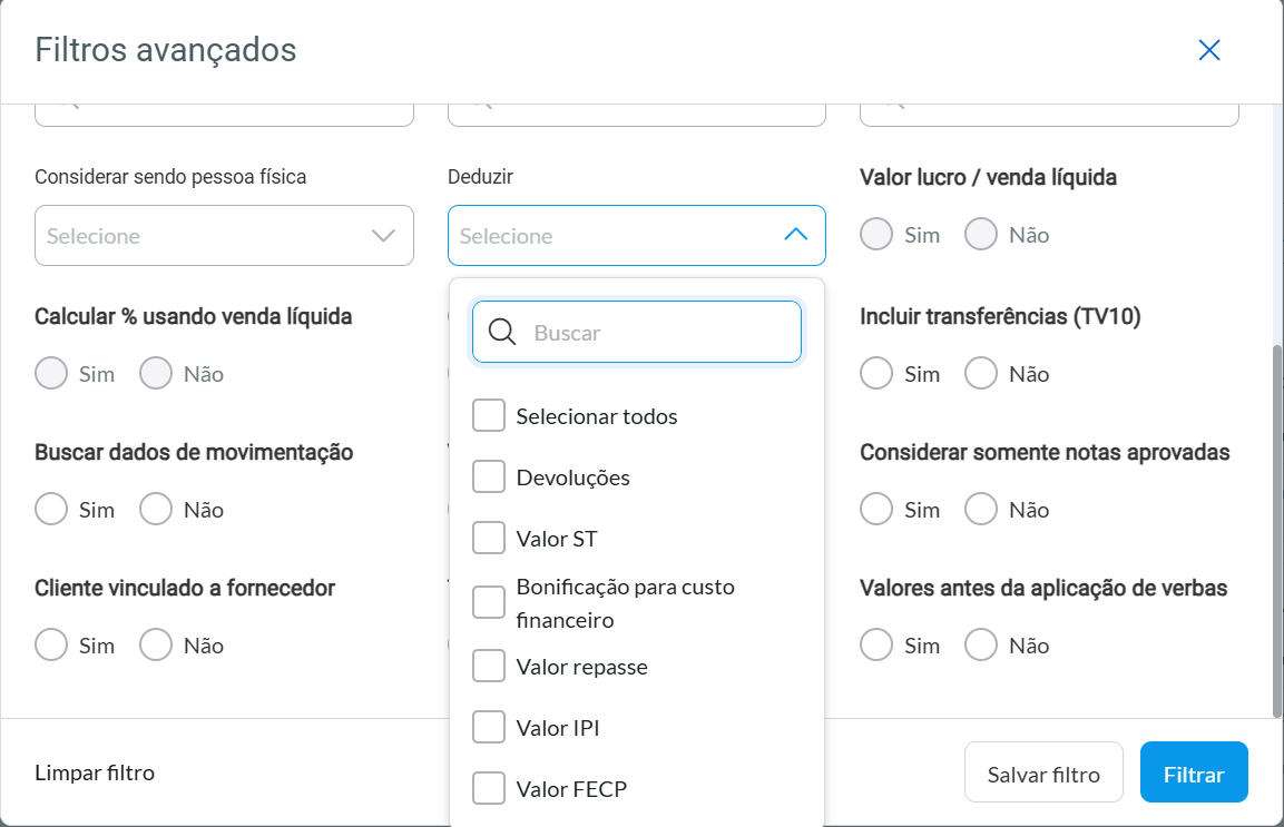 Filtro avançado - Deduzir