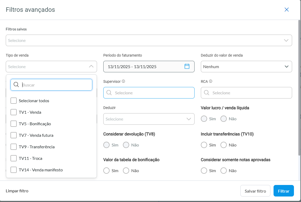 Filtro avançado - Tipo de venda
