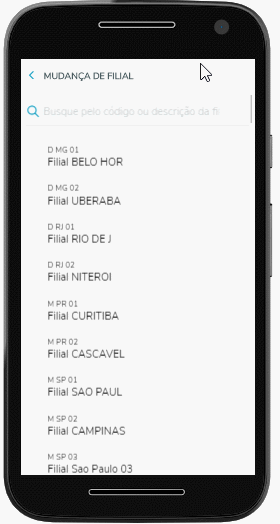 Tela de escolha da filial