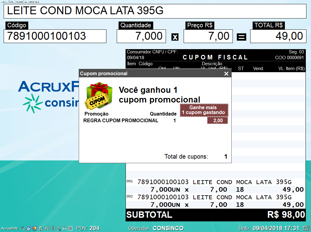 TOTVS Varejo Supermercados PDV > Regra de incentivo - cupom promocional por cliente > Venda-3-1.png