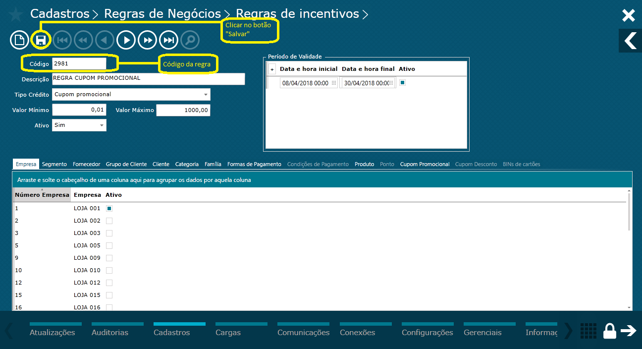 TOTVS Varejo Supermercados PDV > Regra de incentivo - cupom promocional > Salvar-4.png
