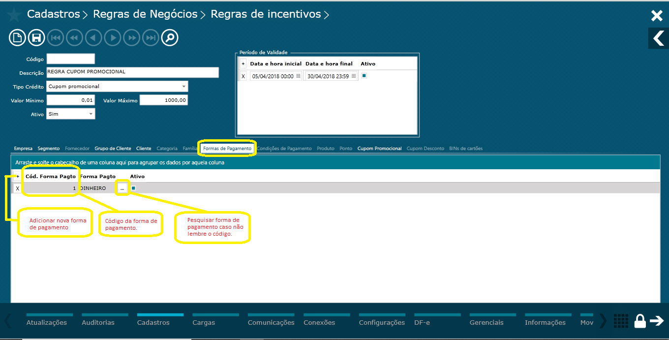 TOTVS Varejo Supermercados PDV > Regra de incentivo - cupom promocional por forma de pagamento e família > formas de pagamento.png