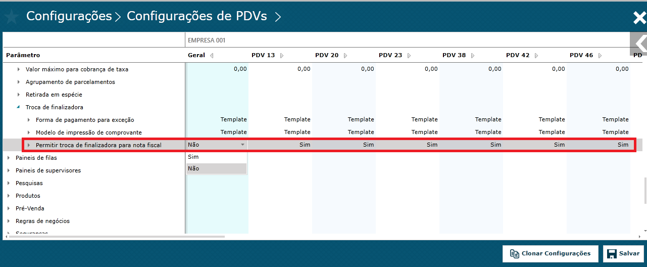 TOTVS Varejo Supermercados PDV > Bloquear a troca de finalizadora em nota fiscal > Config1.png