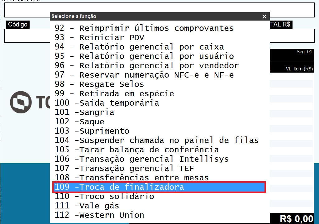 TOTVS Varejo Supermercados PDV > Bloquear a troca de finalizadora em nota fiscal > PDV01.png