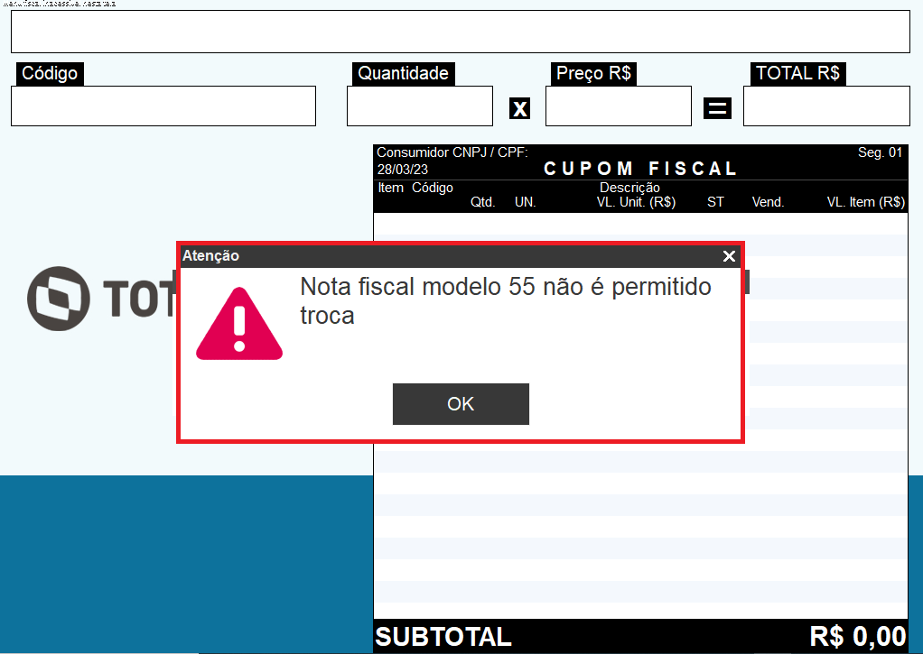 TOTVS Varejo Supermercados PDV > Bloquear a troca de finalizadora em nota fiscal > PDV03.png (Imagem 4 - Bloqueio da troca de finalizadora) Imagem 4 - Bloqueio da troca de finalizadora