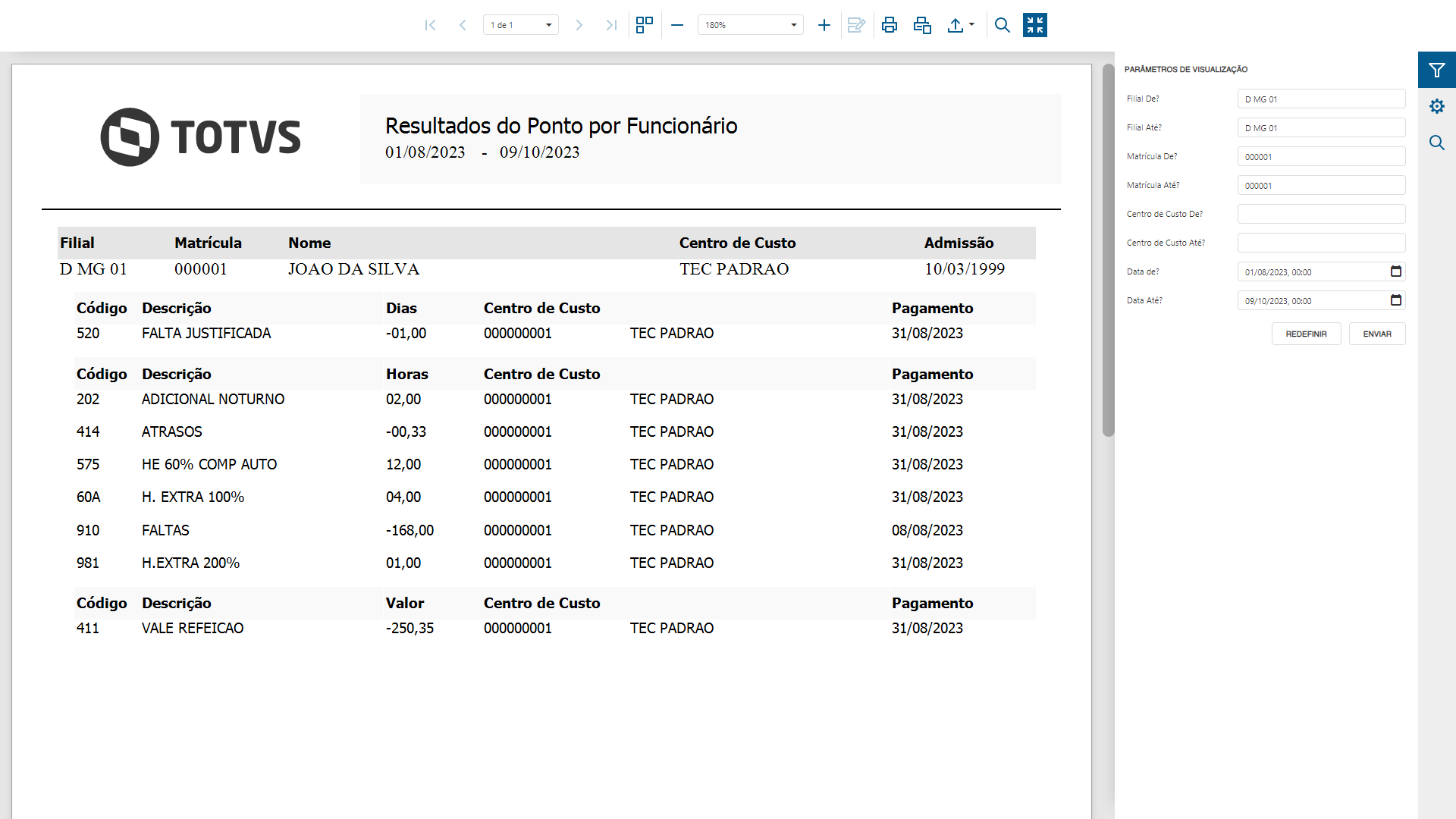 Relatório de Resultados do Ponto impresso no Smart View