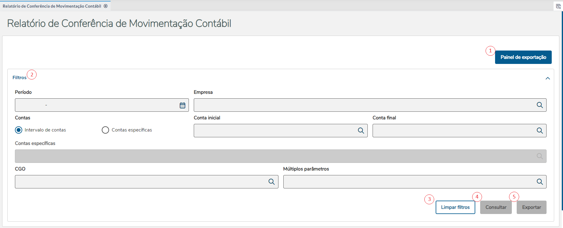 Tela inicial da página Relatório de Conferência de Movimentação Contábil