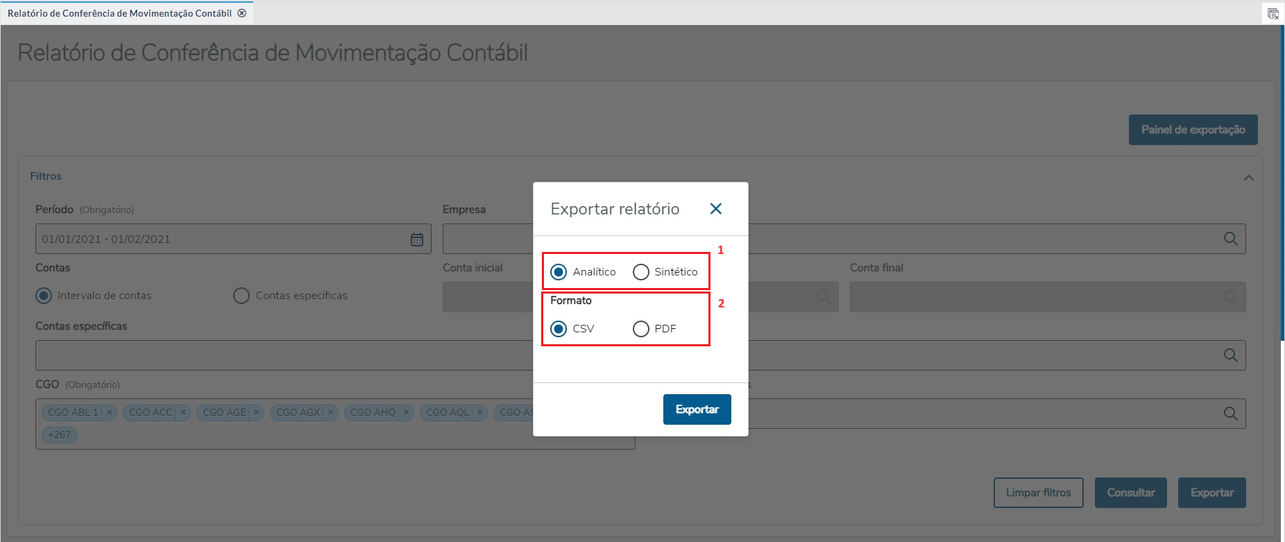 Configurações de exportação