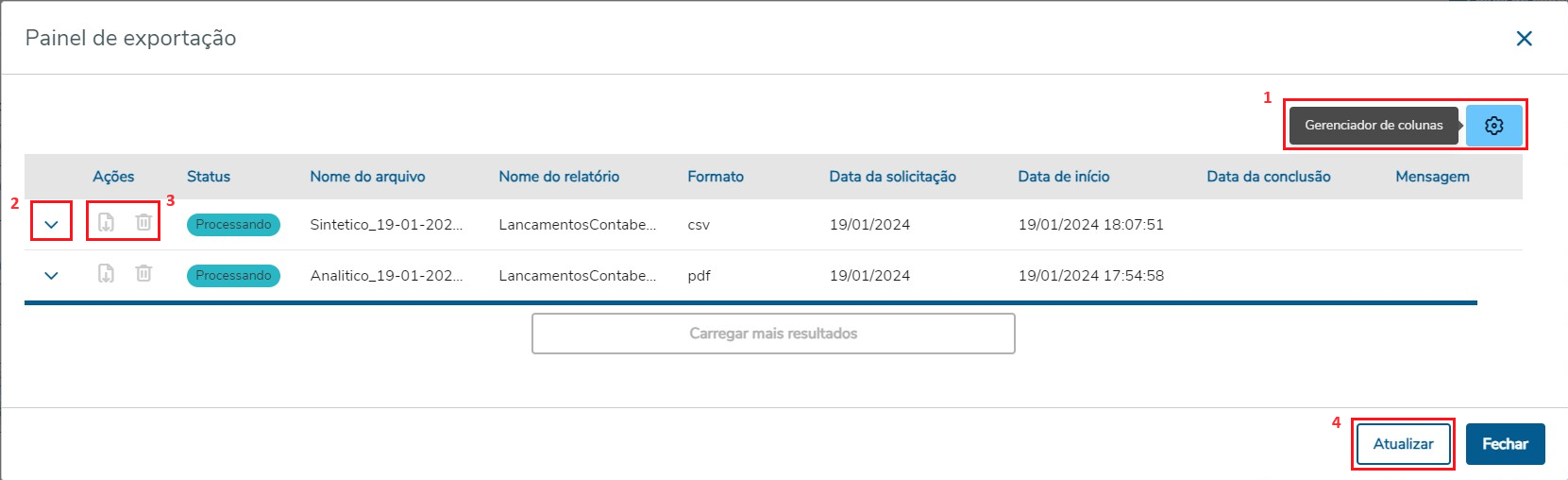 Painel de exportação