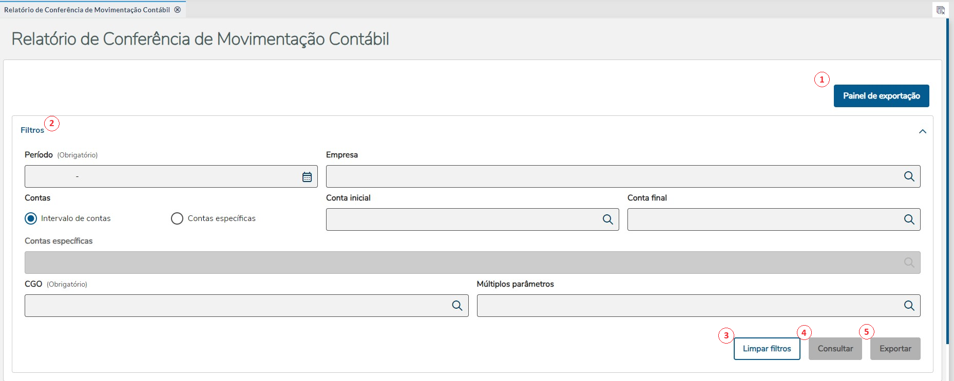 Tela inicial da página Relatório de Conferência de Movimentação Contábil