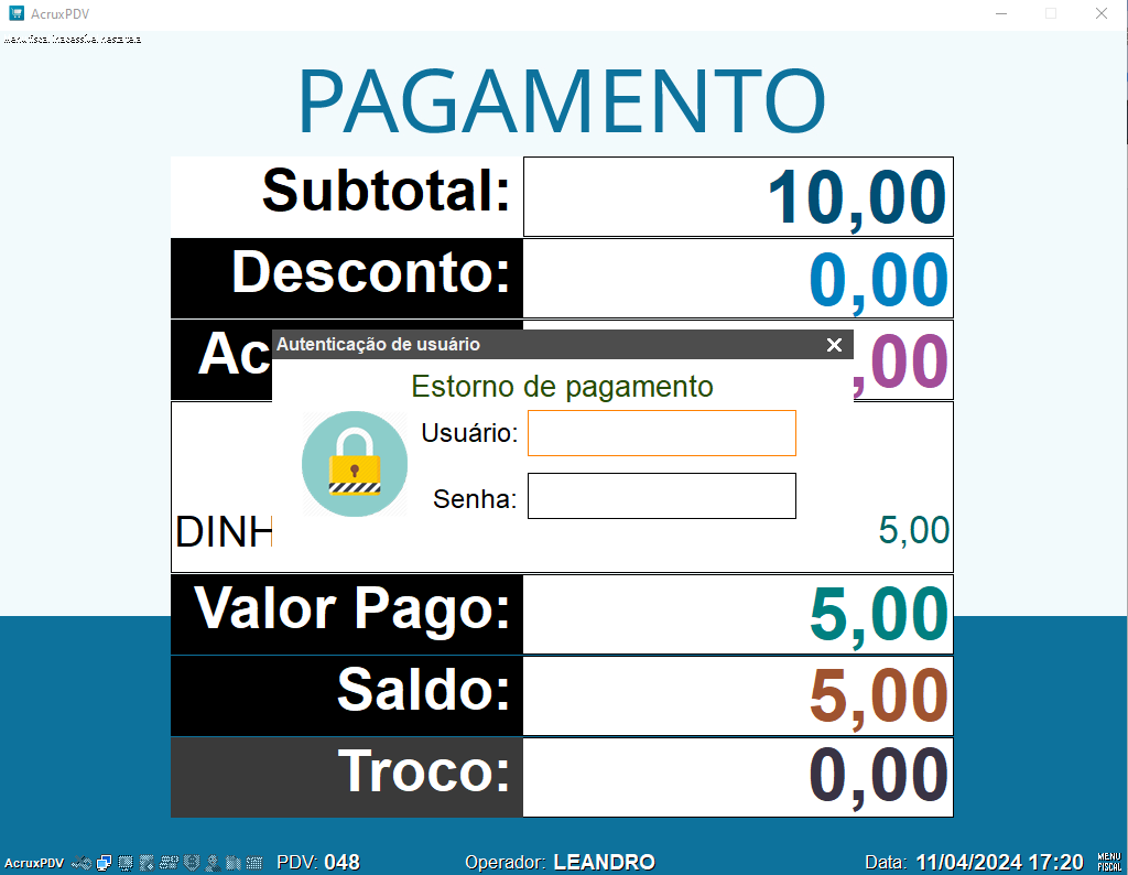 TOTVS Varejo Supermercados PDV > Tecla ESC na tela Subtotal sem fazer estorno do pagamento > image-2024-4-11_17-20-57.png