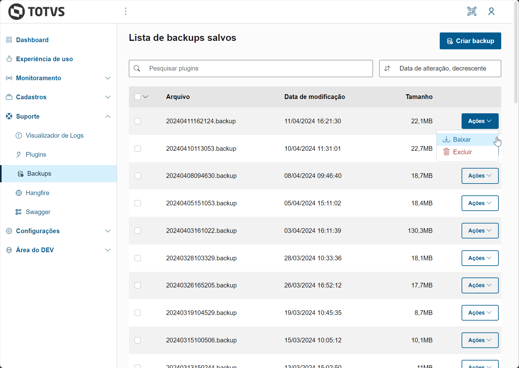 Download de um backup