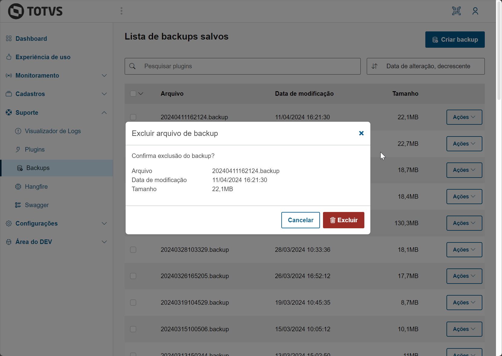 Excluir um ou mais backups.
