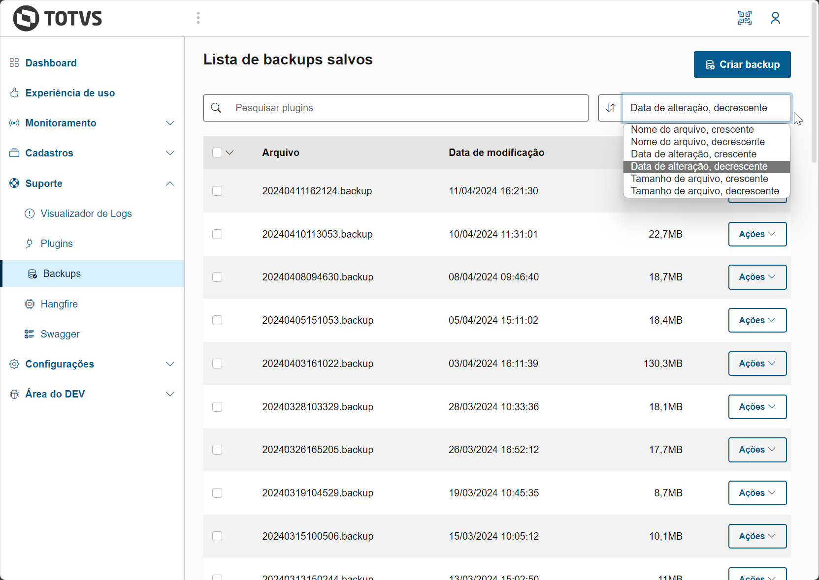 Ordenação dos backups pelo nome do arquivo, data de alteração ou tamanho do arquivo.