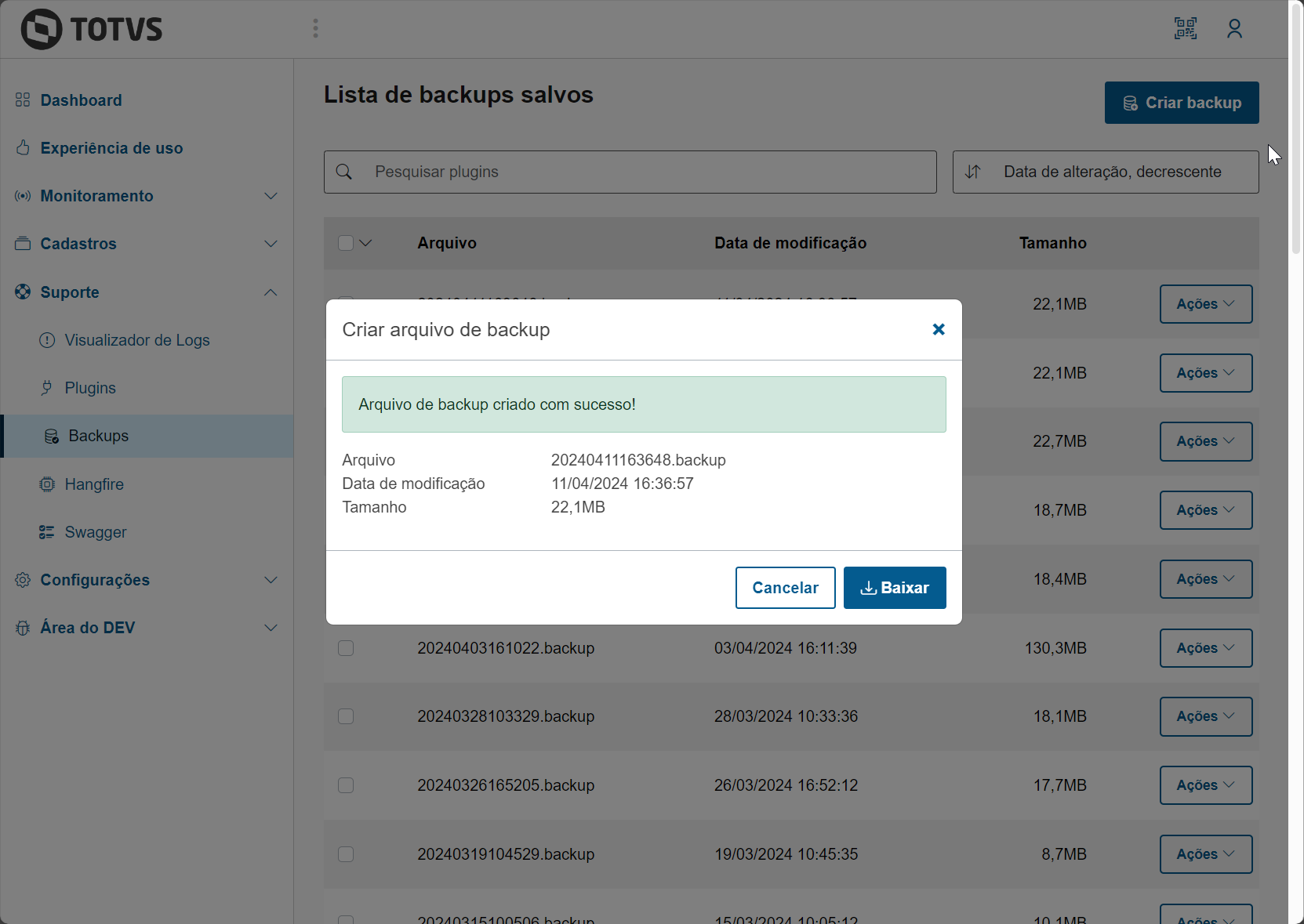 Criar um novo backup do banco de dados