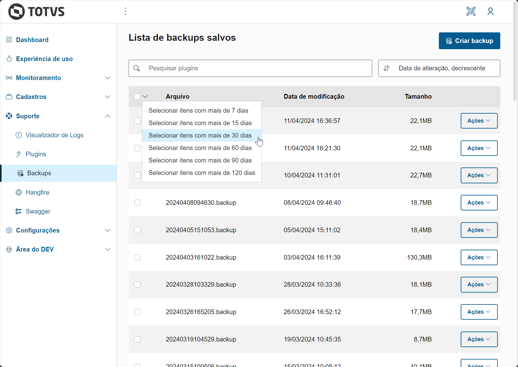 Seleção de um ou mais backups com possibilidade de seleção automatizada de acordo com a data de geração do backup