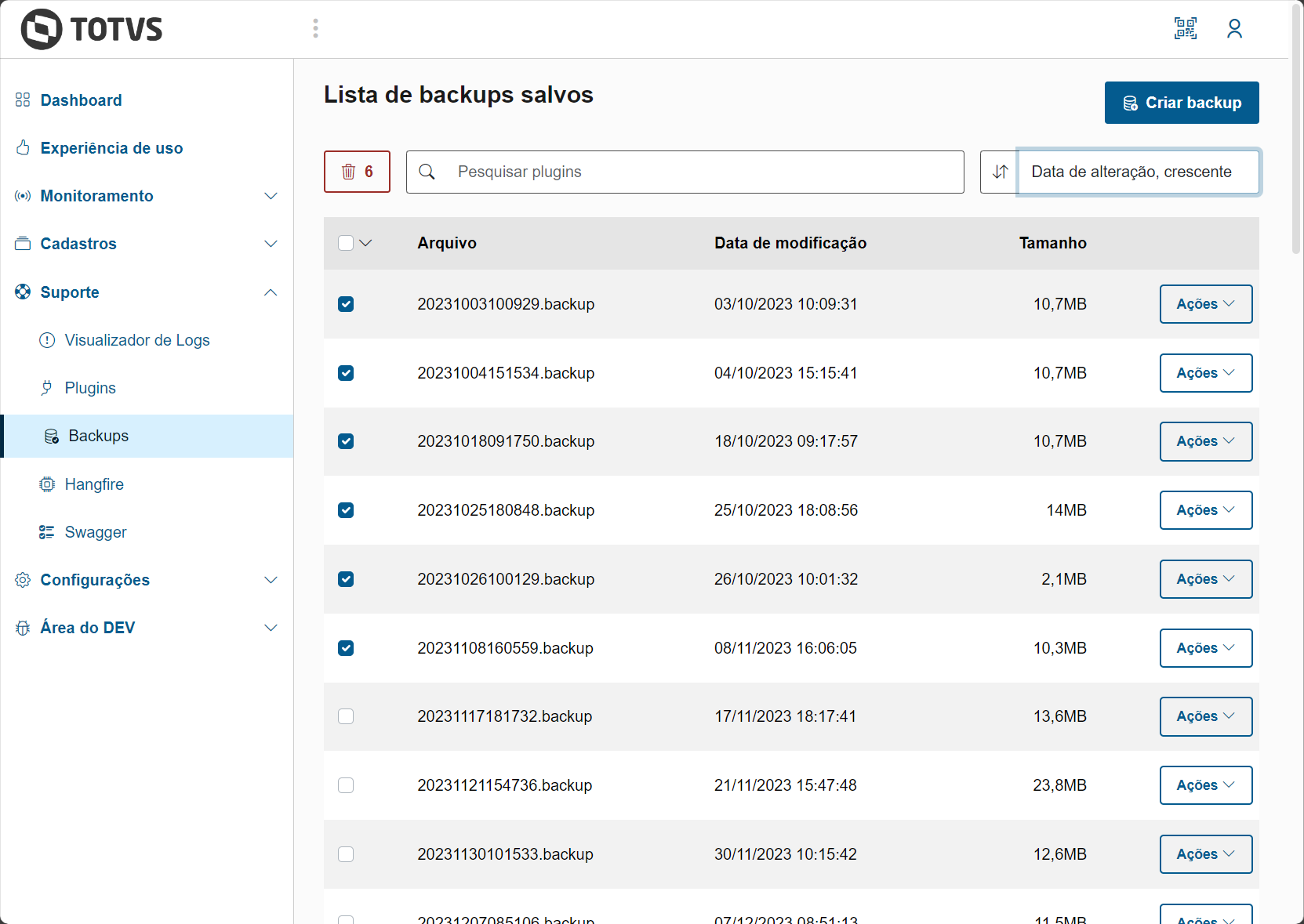 Seleção de um ou mais backups com possibilidade de seleção automatizada de acordo com a data de geração do backup