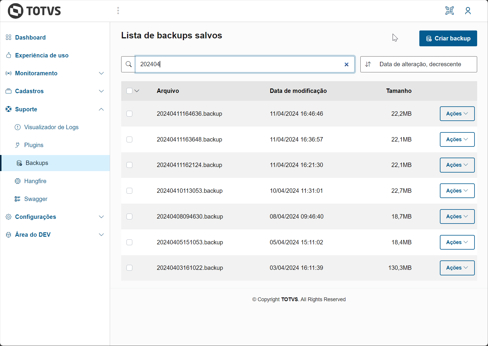 Filtro dos backups, pelo nome do arquivo ou pela data de alteração do arquivo.