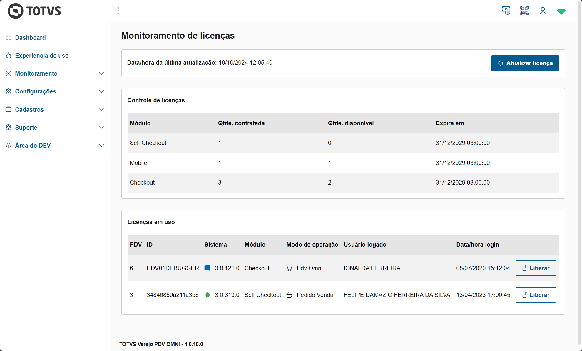 Tela de monitoramento de licenças