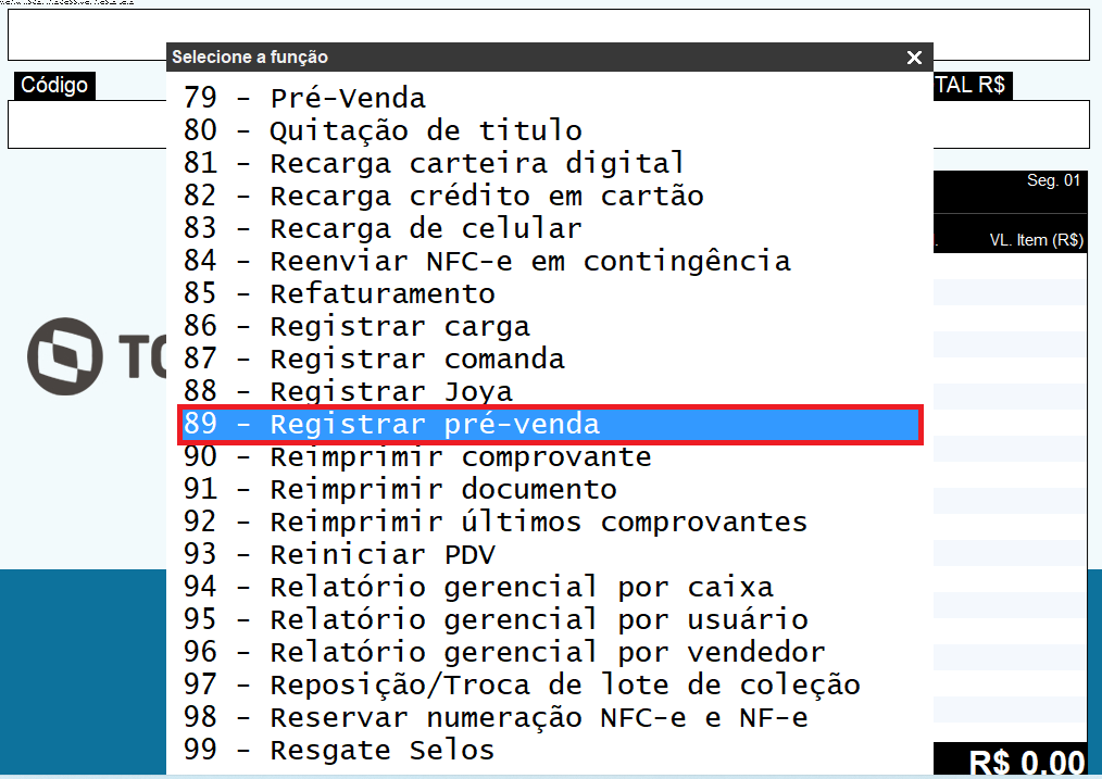 Imagem 5 - Opção Registrar pré-venda