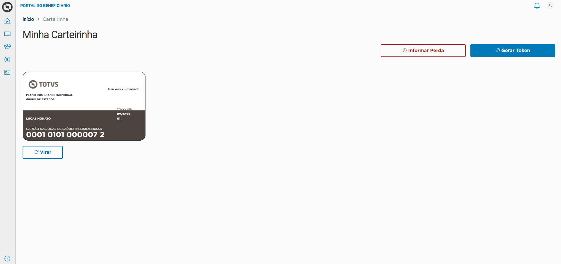 Exibição da carteirinha virtual com as opções de virar, gerar token ou informar perda.