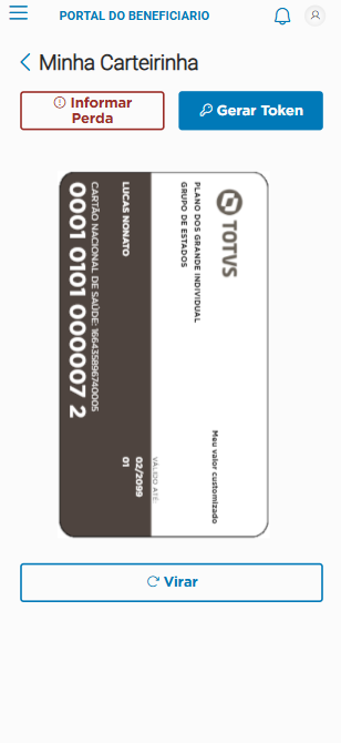 Exibição da carteirinha virtual com as opções de virar, gerar token ou informar perda.