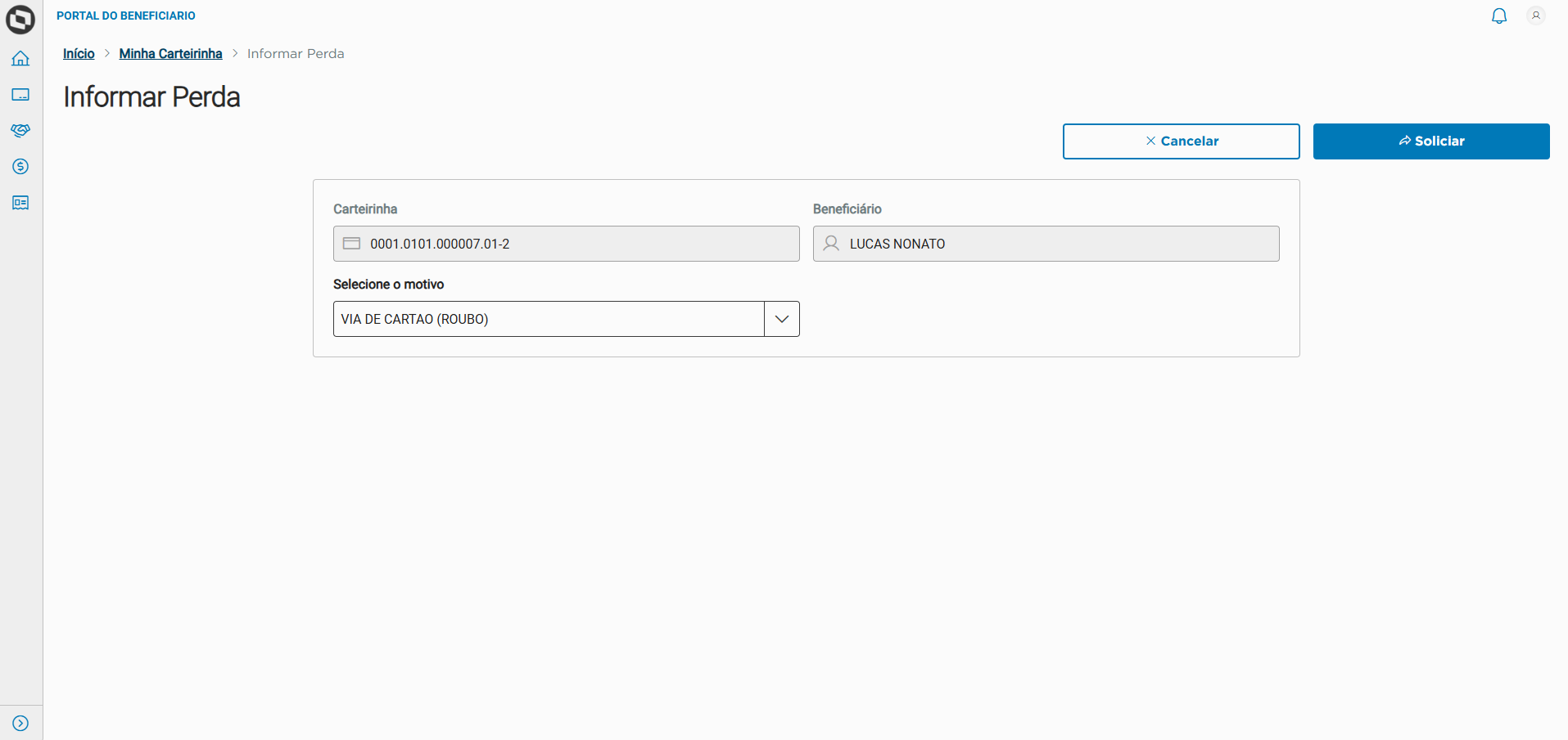 Formulário para solicitação de segunda via, com campos como número da carteirinha, nome do beneficiário, motivo da solicitação e o protocolo gerado.