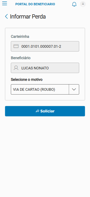 Formulário para solicitação de segunda via, com campos como número da carteirinha, nome do beneficiário, motivo da solicitação e o protocolo gerado.