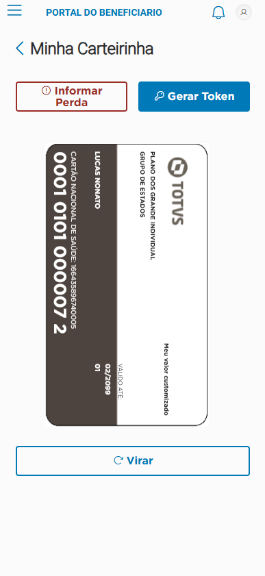 Exibição da carteirinha virtual com as opções de virar, gerar token ou informar perda.