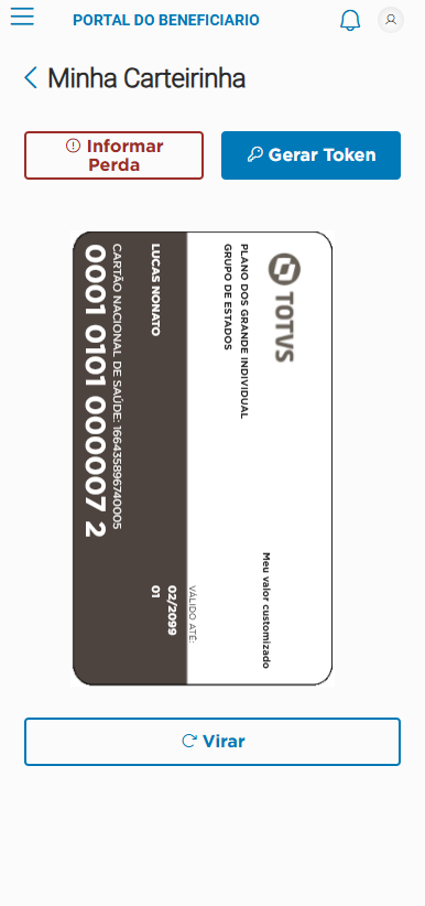 Exibição da carteirinha virtual com as opções de virar, gerar token ou informar perda.