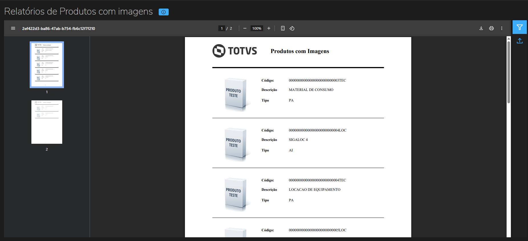 Imagem do resultado final do relatório, onde mostra uma págin que contém o logo da totvs e os produtos com suas respectivas imagens