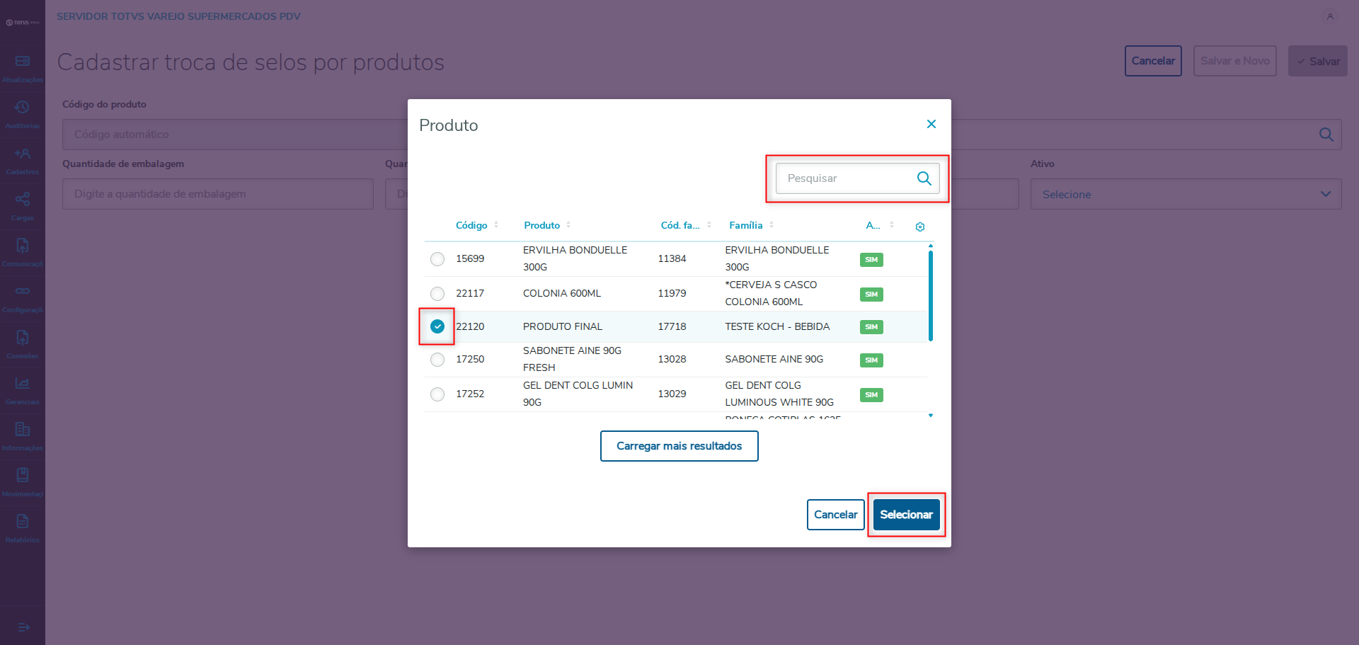 Imagem 06 - Pesquisando e selecionando o produto no cadastro.