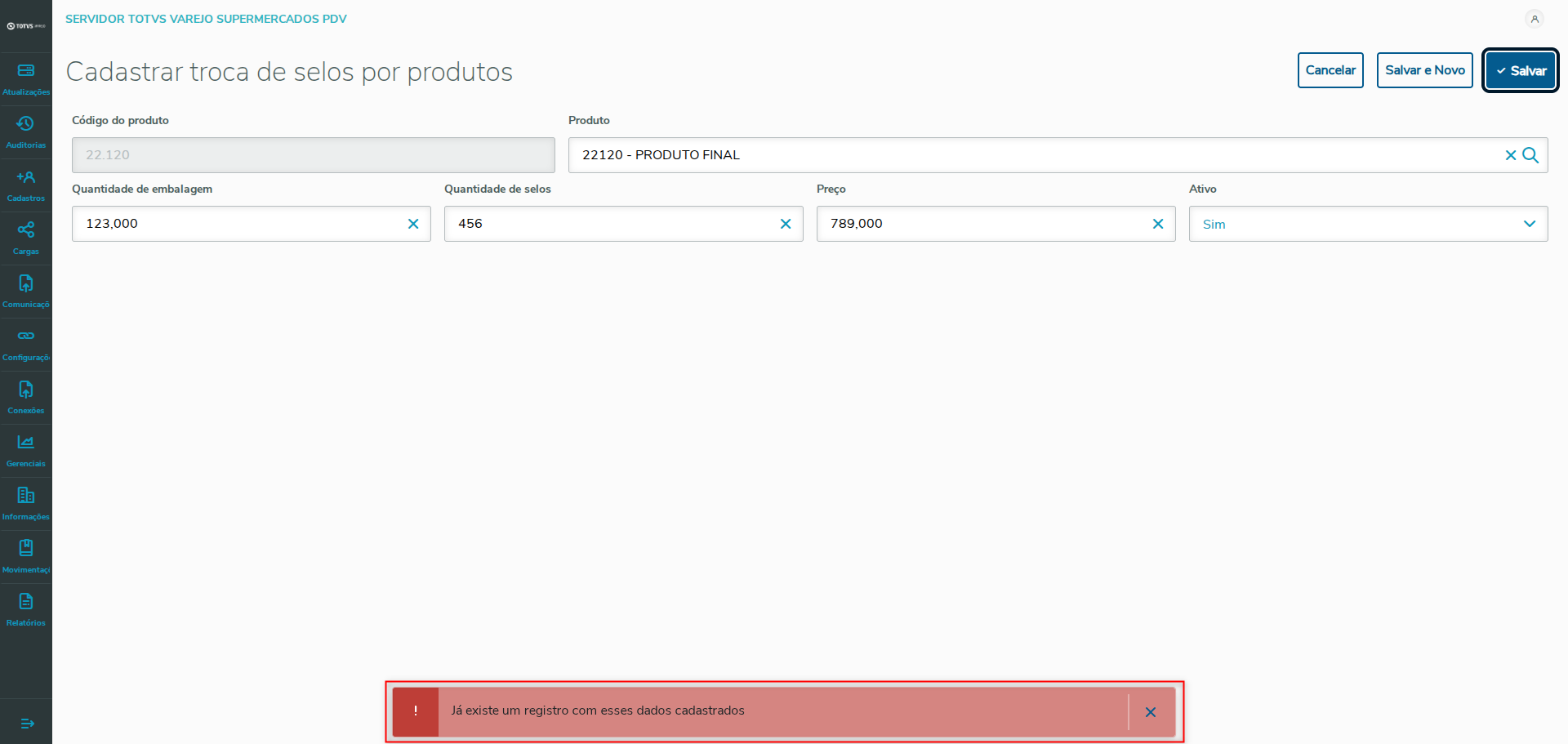 Imagem 10 - Erro no cadastro de troca de selos por produtos.
