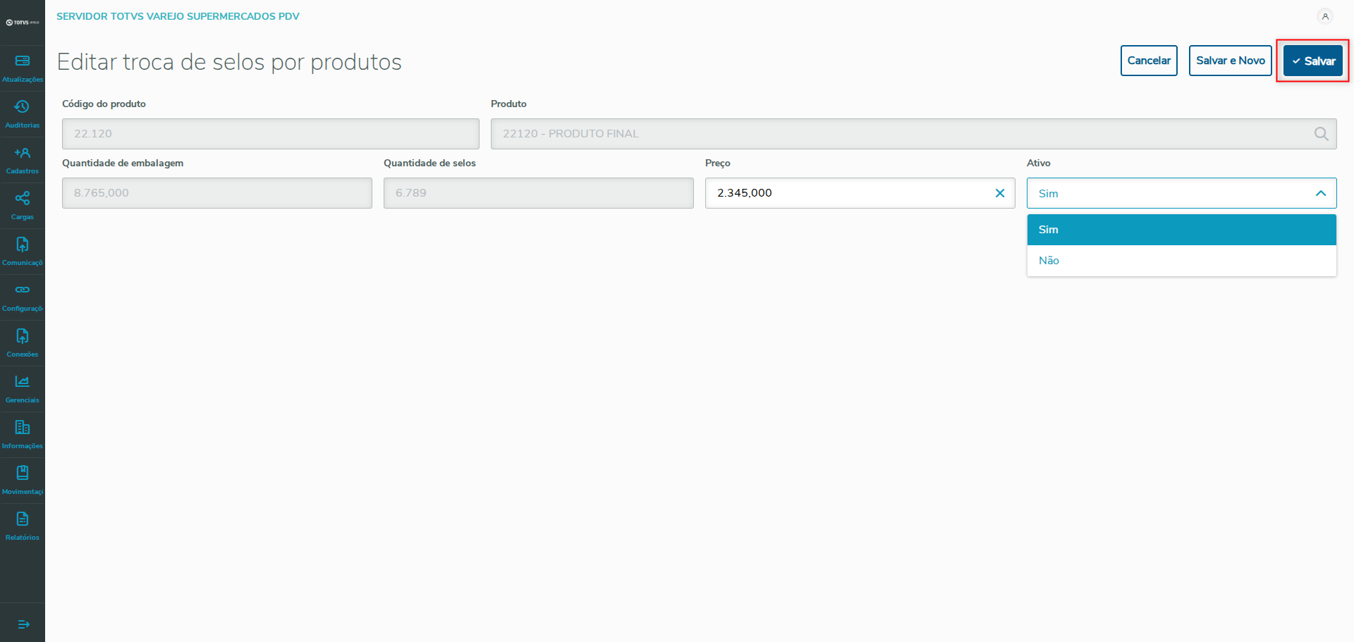 Imagem 12 - Salvar edição de troca de selos por produtos.