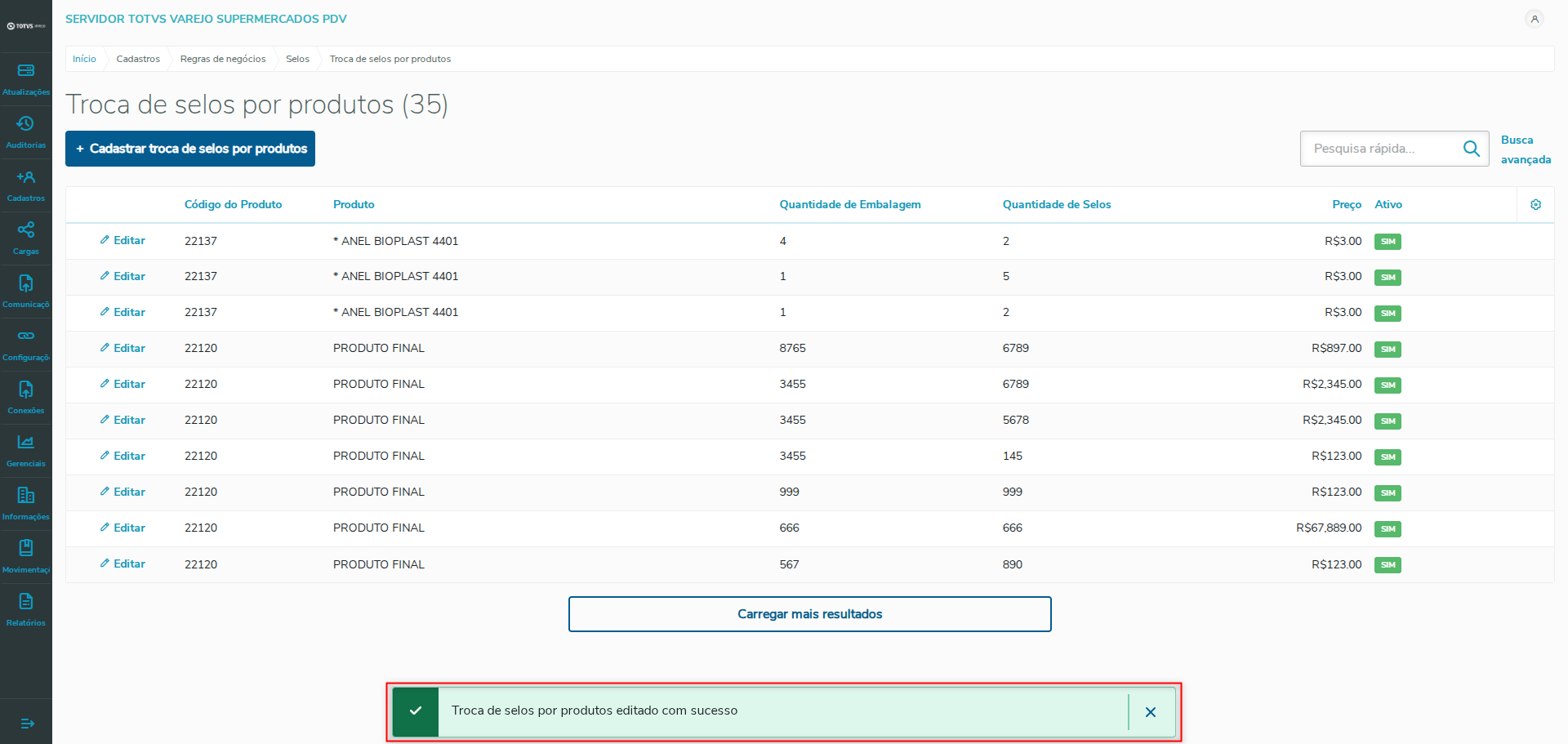 Imagem 14 - Edição de troca de selos por produtos confirmada.