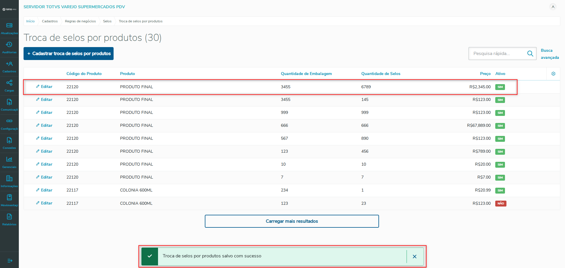 Imagem 09 - Novo troca de selos por produtos cadastrada.