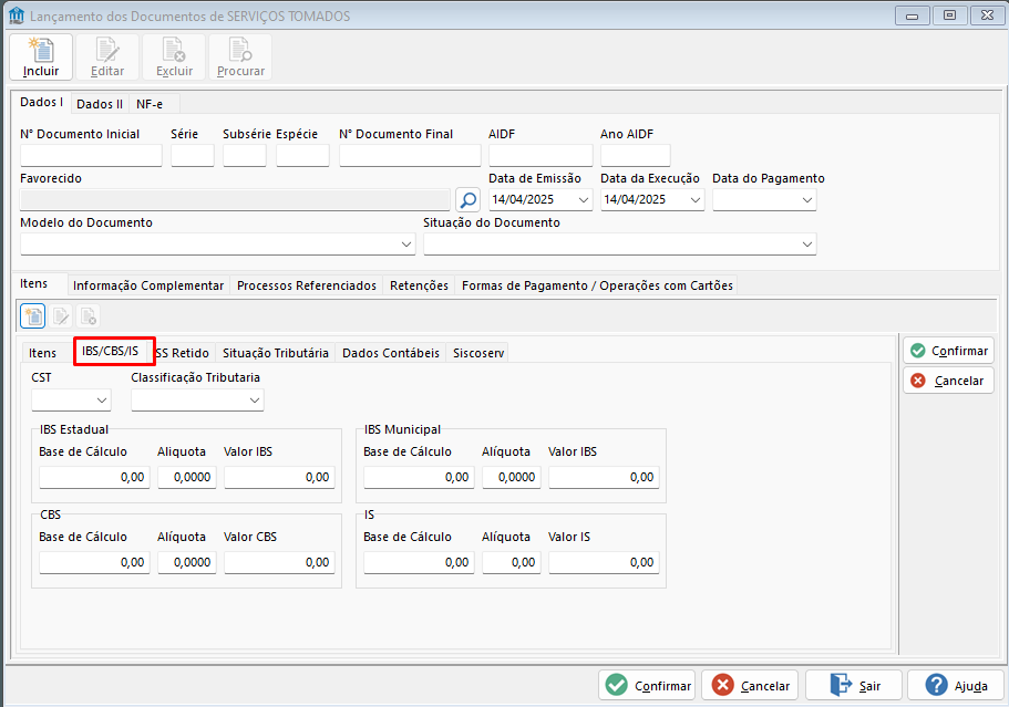 TOTVS Hospitalidade > Tela lançamentos de documentos campos para IBS/CBS/IS > image-2025-4-14_9-1-2.png