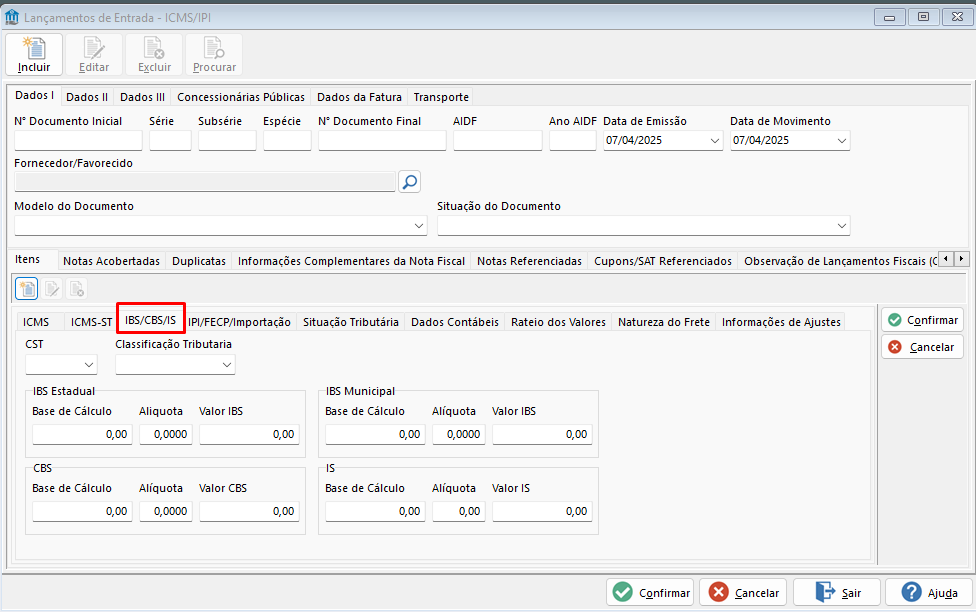 TOTVS Hospitalidade > Tela lançamentos de documentos campos para IBS/CBS/IS > image-2025-4-7_14-38-39.png