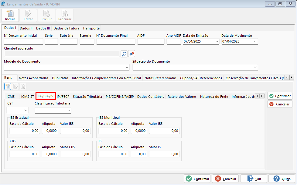 TOTVS Hospitalidade > Tela lançamentos de documentos campos para IBS/CBS/IS > image-2025-4-7_14-43-34.png