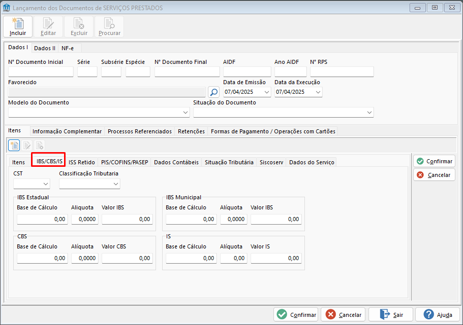 TOTVS Hospitalidade > Tela lançamentos de documentos campos para IBS/CBS/IS > image-2025-4-7_14-45-6.png