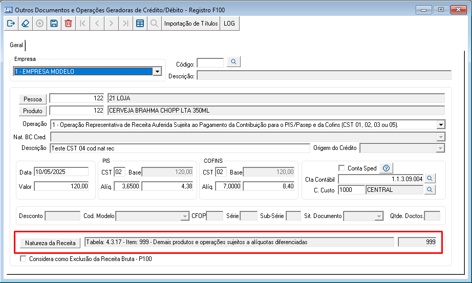 Imagem 1 - Lançamento do Registro F100